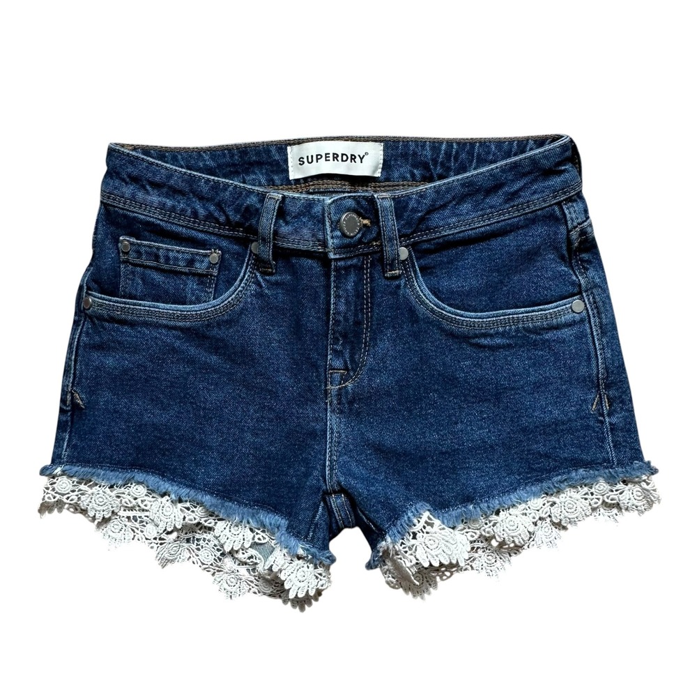 Superdry Womens Dark Wash Denim Shorts Crochet Lace Trim Boho Cutoffs Size 24
